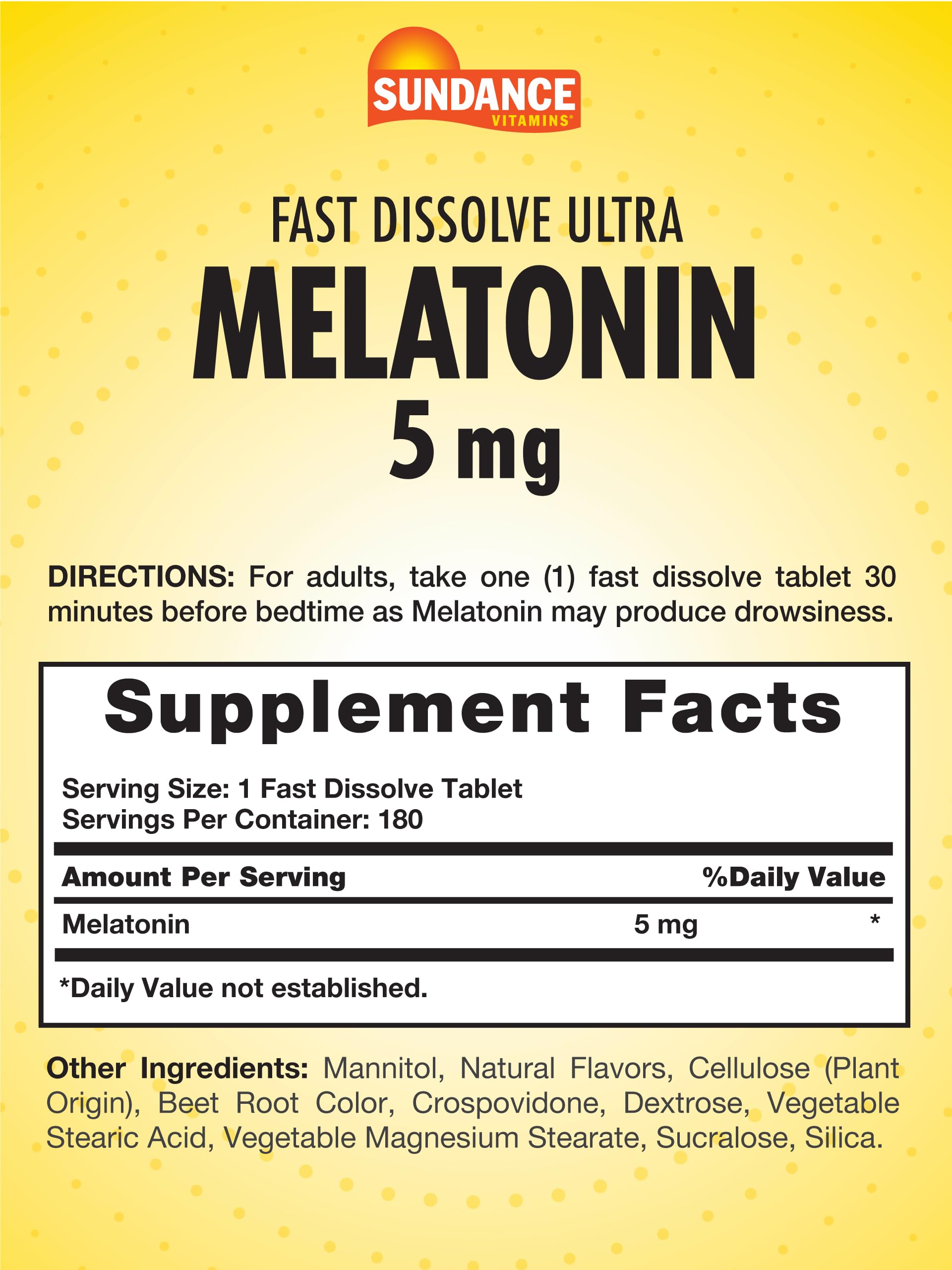 Close-up of Sundance Melatonin 5mg fast-dissolve tablets, berry flavor