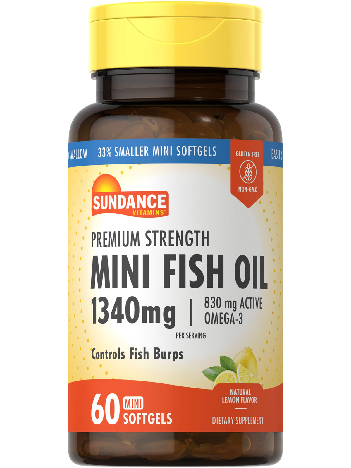 Sundance Mini Fish Oil Softgels 1340mg lemon flavor, 60-count bottle