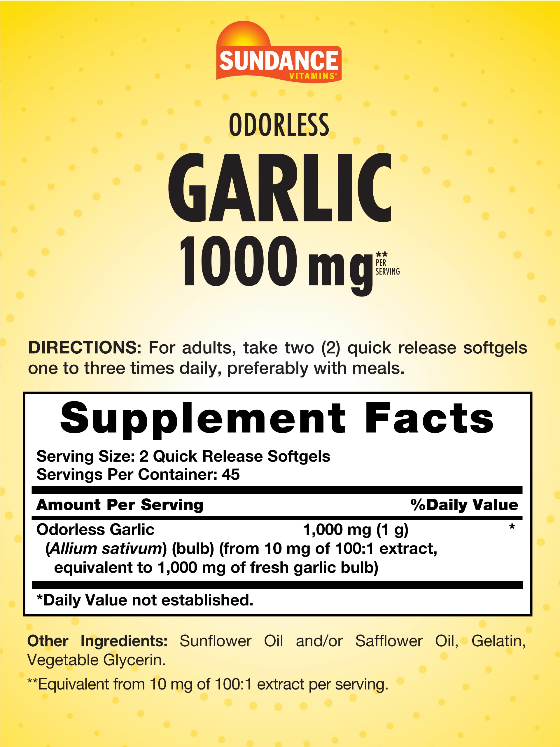 Back of Sundance Odorless Garlic Softgels bottle with label details