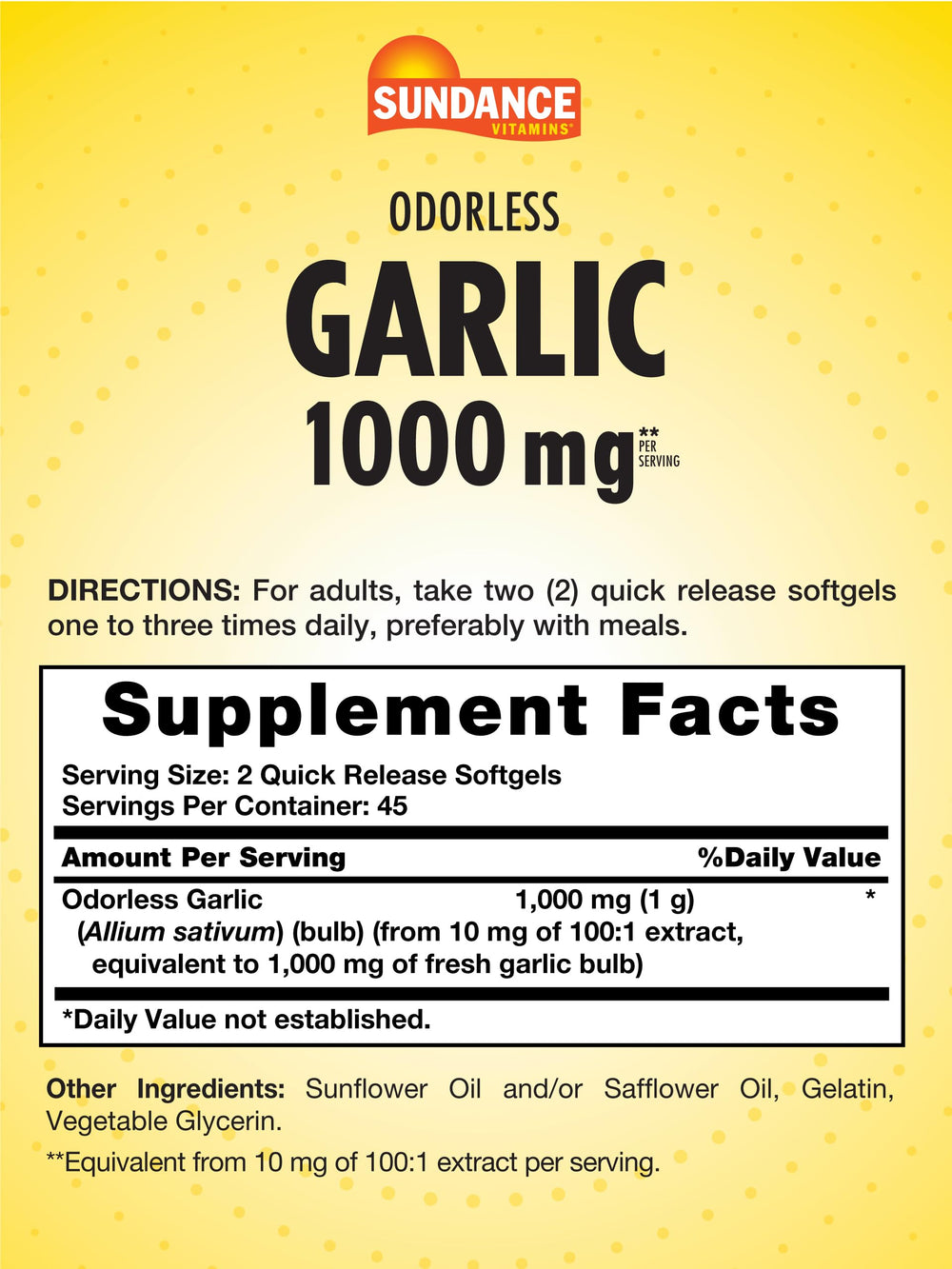 Back of Sundance Odorless Garlic Softgels bottle with label details