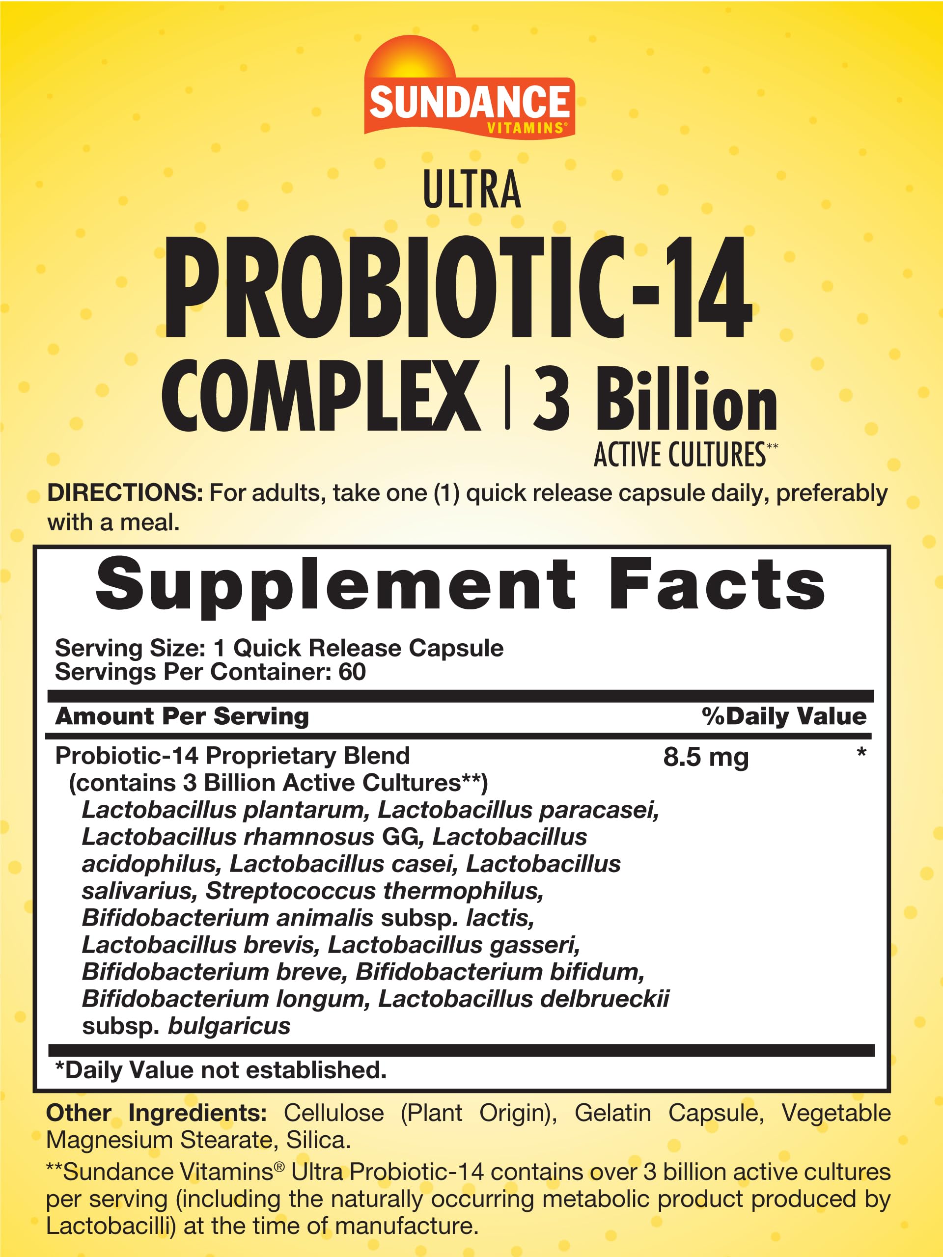 Close-up of Sundance Probiotic-14 Complex bottle label