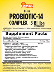 Close-up of Sundance Probiotic-14 Complex bottle label