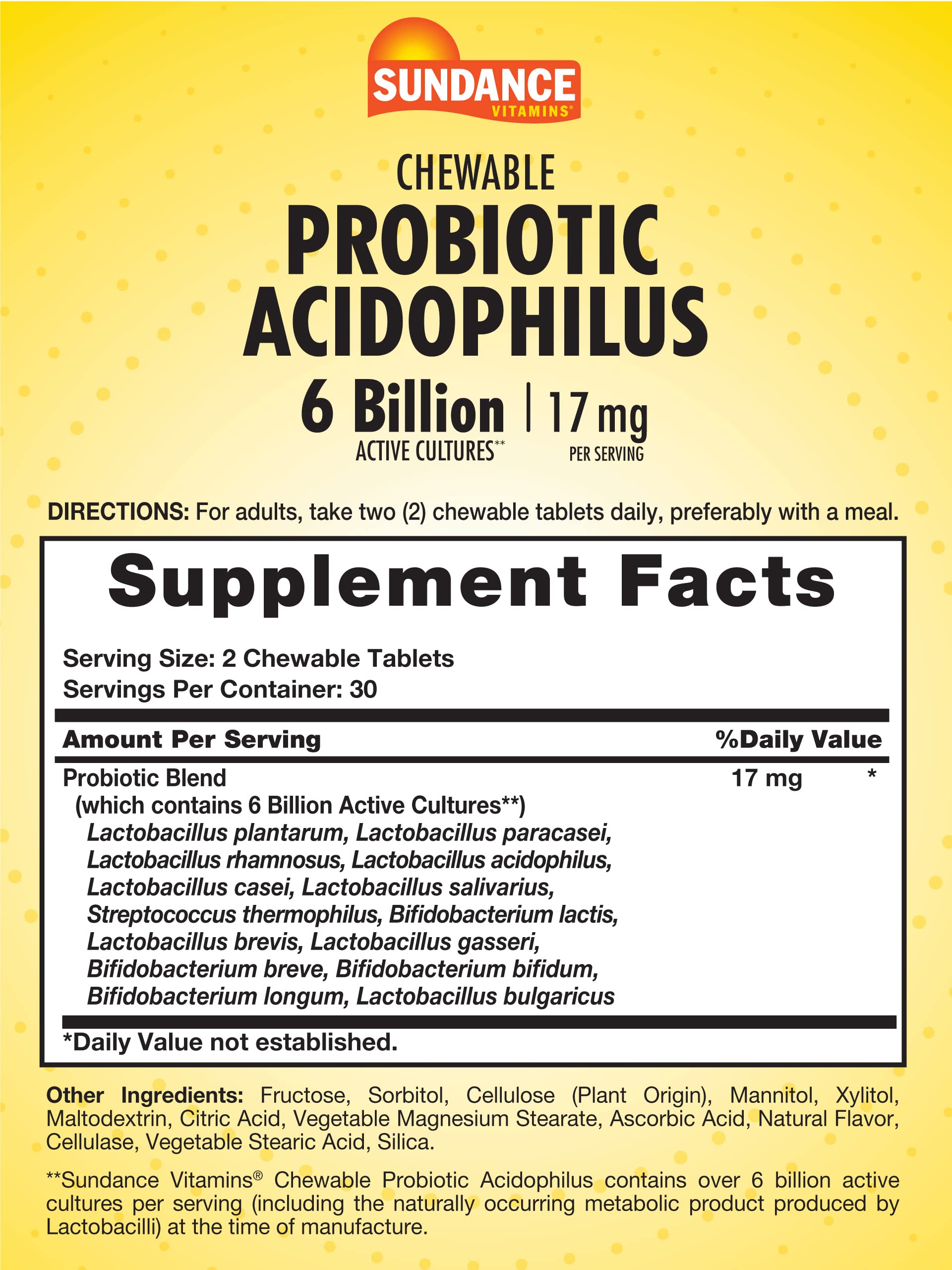 Back label on Sundance Probiotic Acidophilus bottle, berry flavor