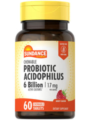 Front view of Sundance Probiotic Acidophilus bottle with berry chewables, 60 count