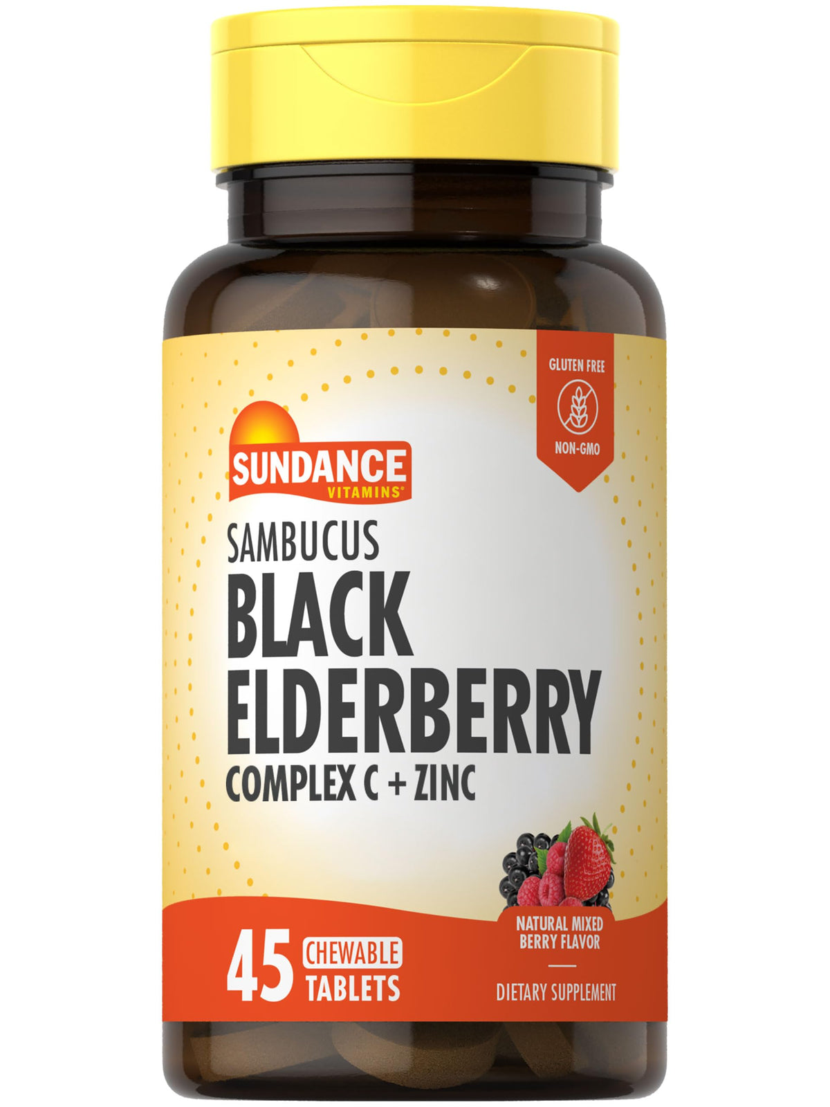 Sundance Sambucus Black Elderberry Complex berry-flavored chewables bottle close-up