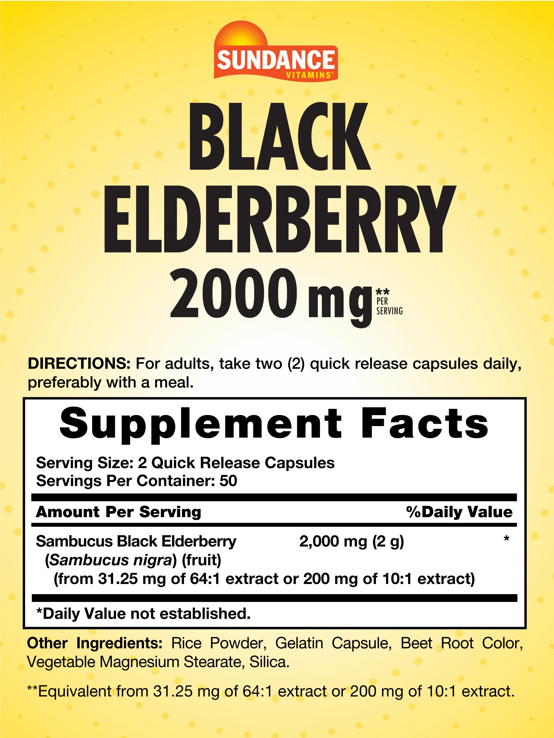 Close-up of Sundance Sambucus elderberry capsules bottle label