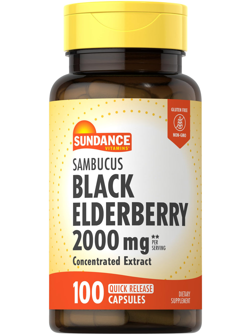 Bottle of Sundance Sambucus Black Elderberry Capsules 2000mg, 100 count