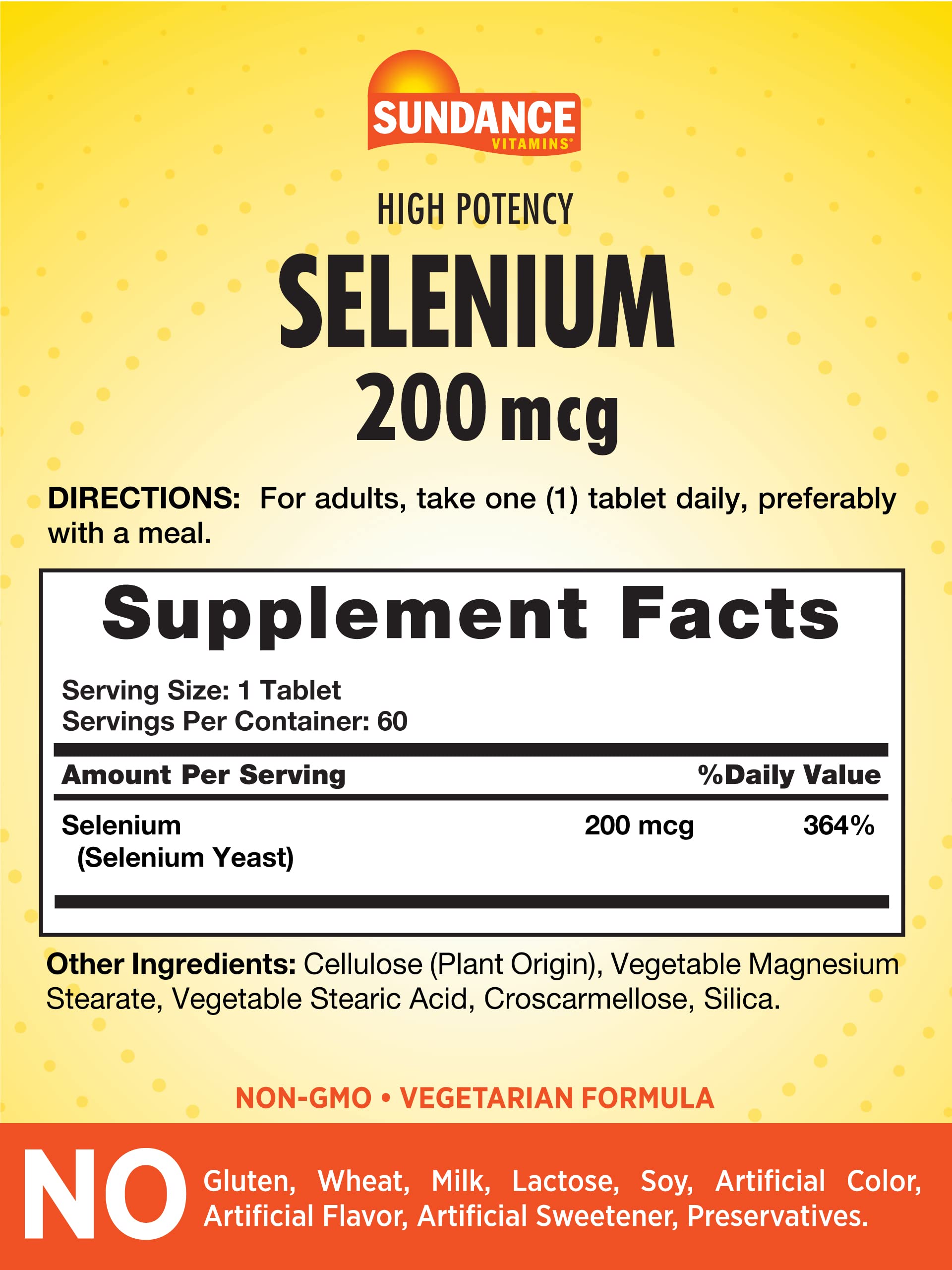 Close-up of Sundance Selenium 200mcg bottle label showing 200 mcg per tablet