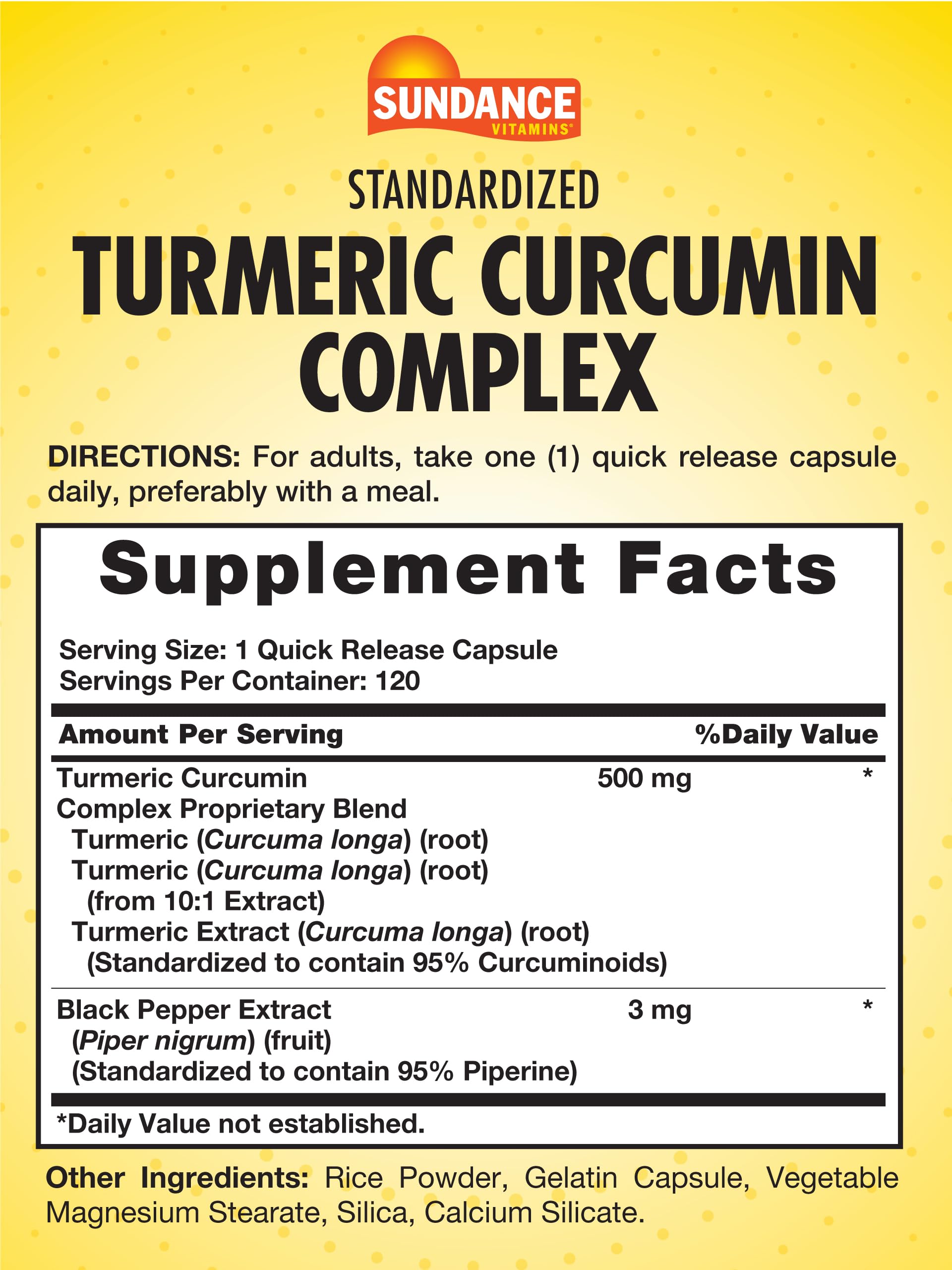 Sundance Turmeric Curcumin Complex packaging label on white background