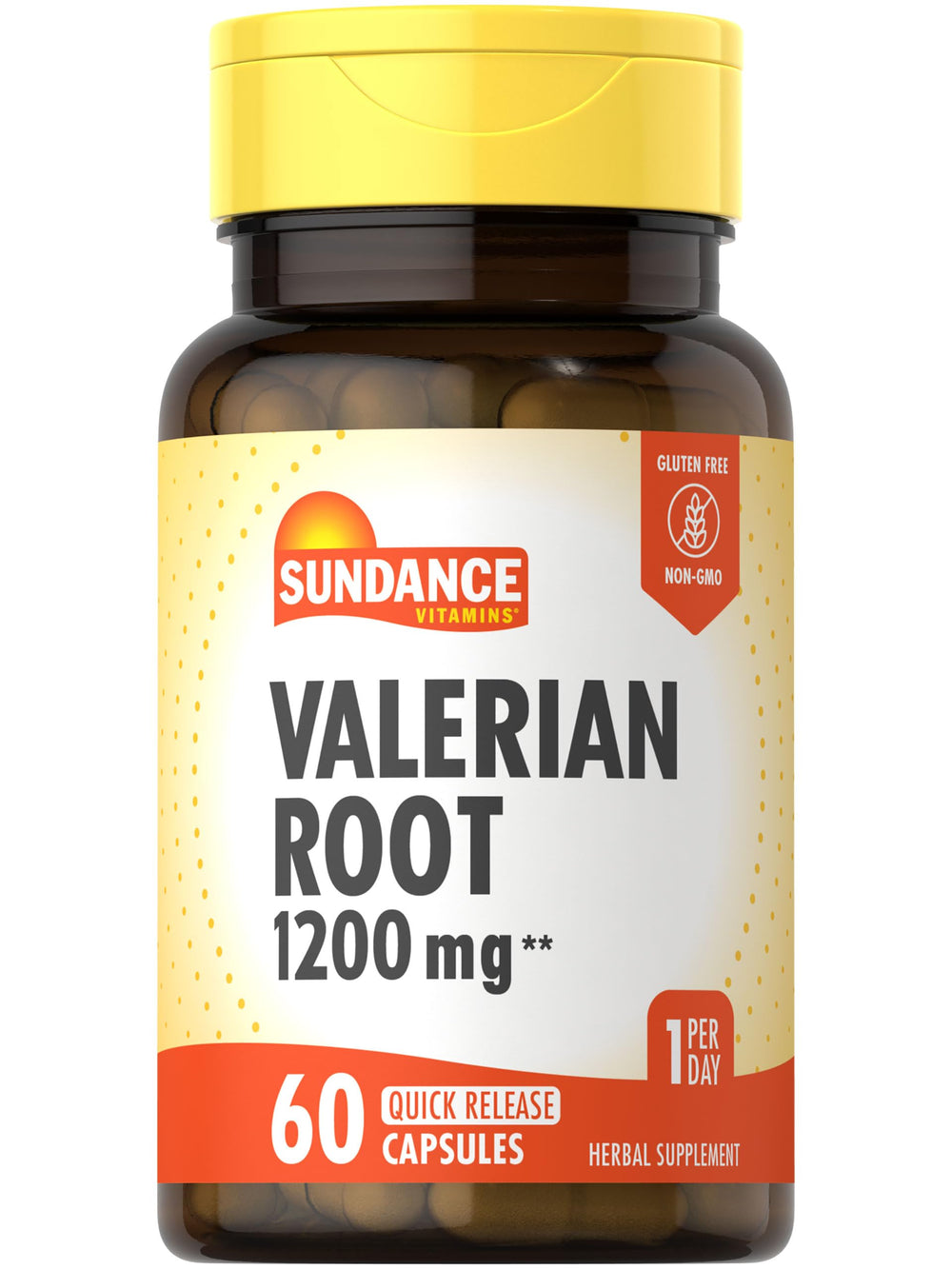 Bottle of Sundance Valerian Root Supplement with label showing 1200 mg per serving and 60 quick-release capsules
