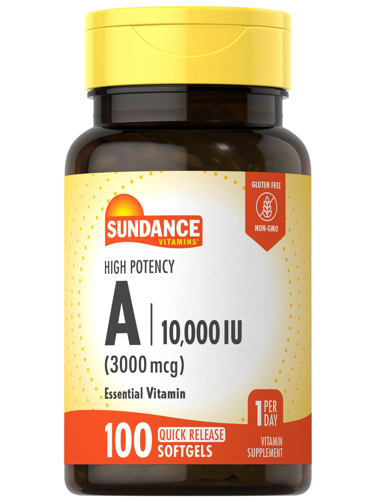 Front view of Sundance Vitamin A Softgels bottle – 100 count
