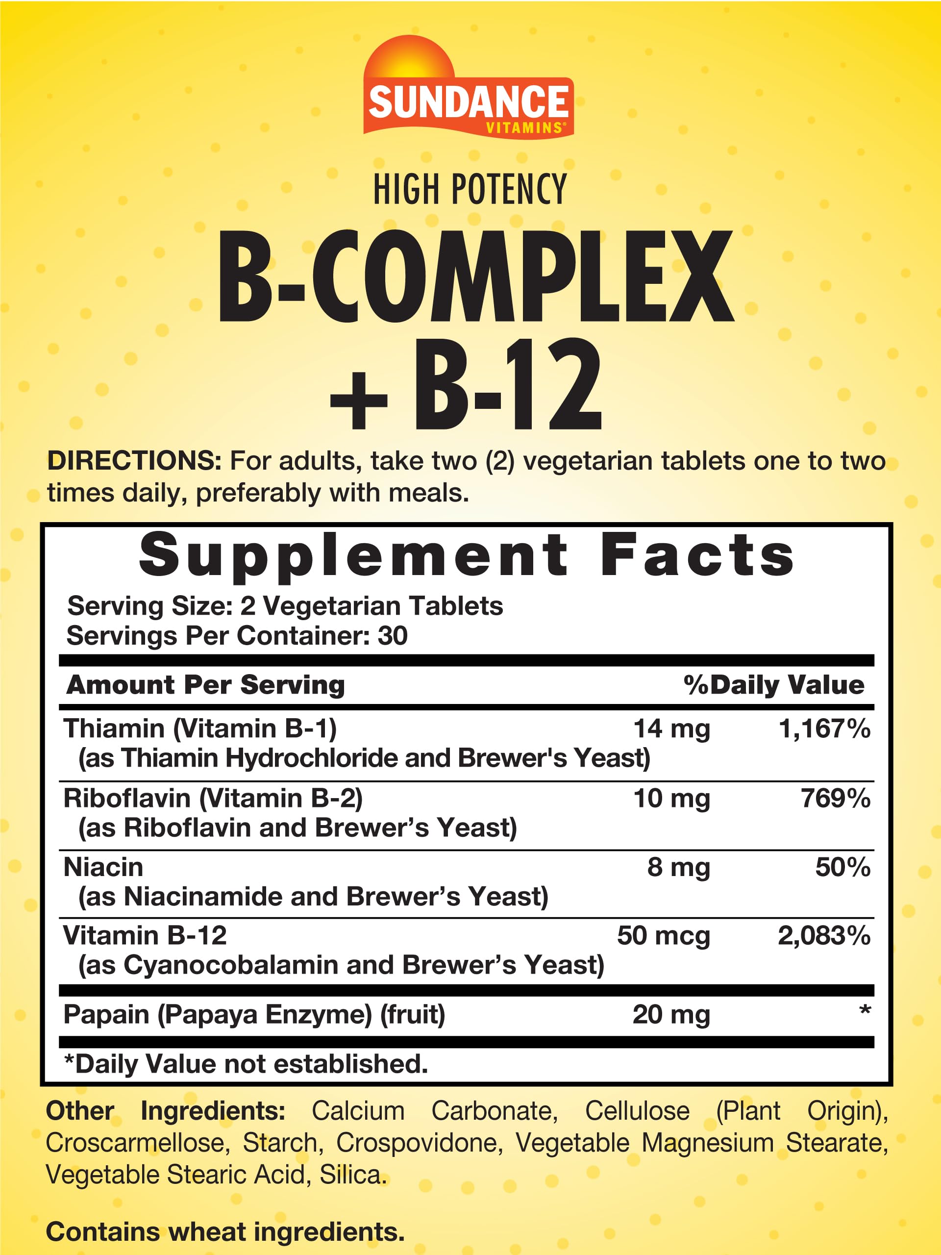 Close-up of Sundance Vitamin B-Complex with B-12 tablets