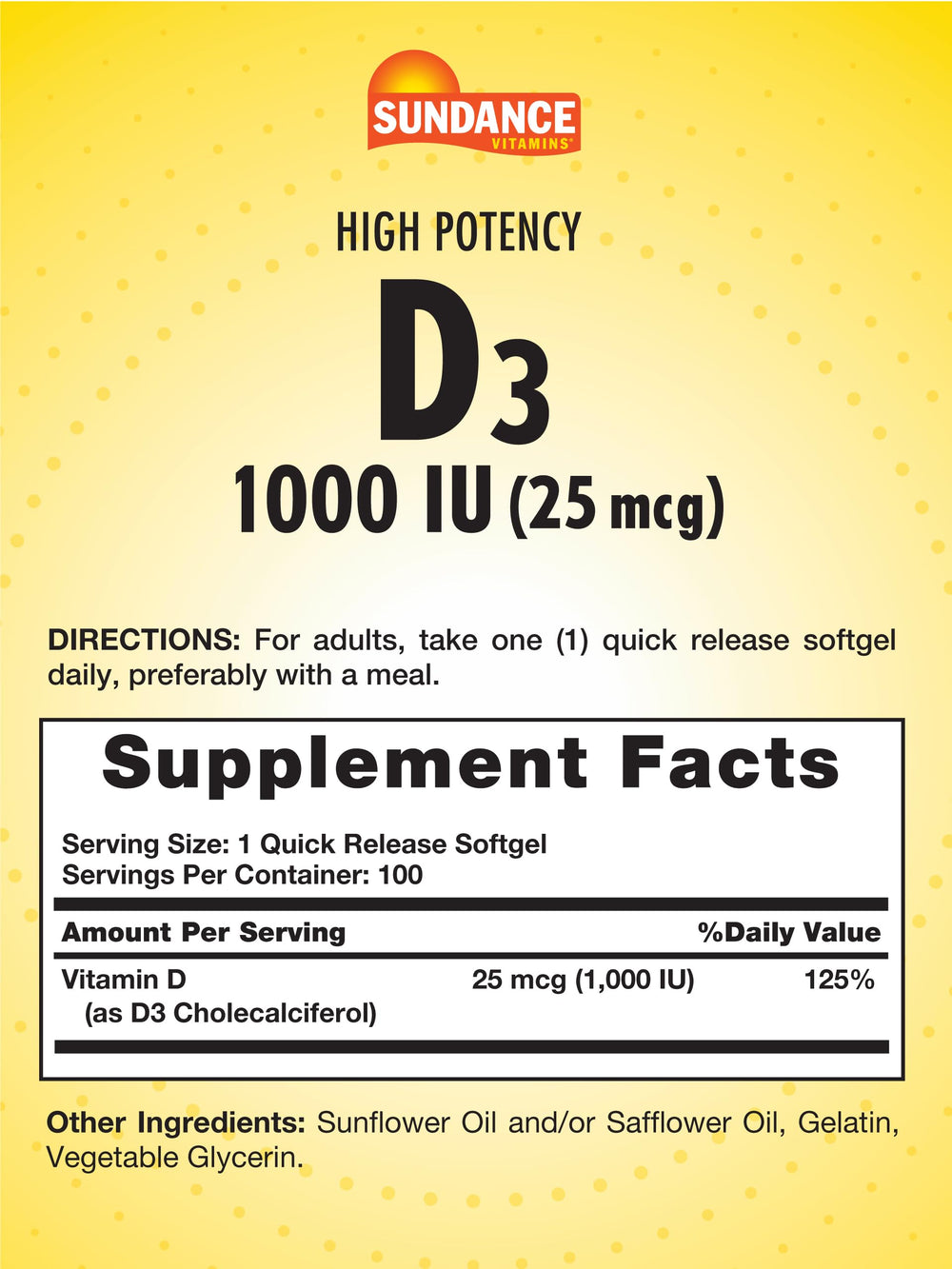 Close-up of Sundance Vitamin D3 1000 IU softgels