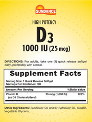 Close-up of Sundance Vitamin D3 1000 IU softgels