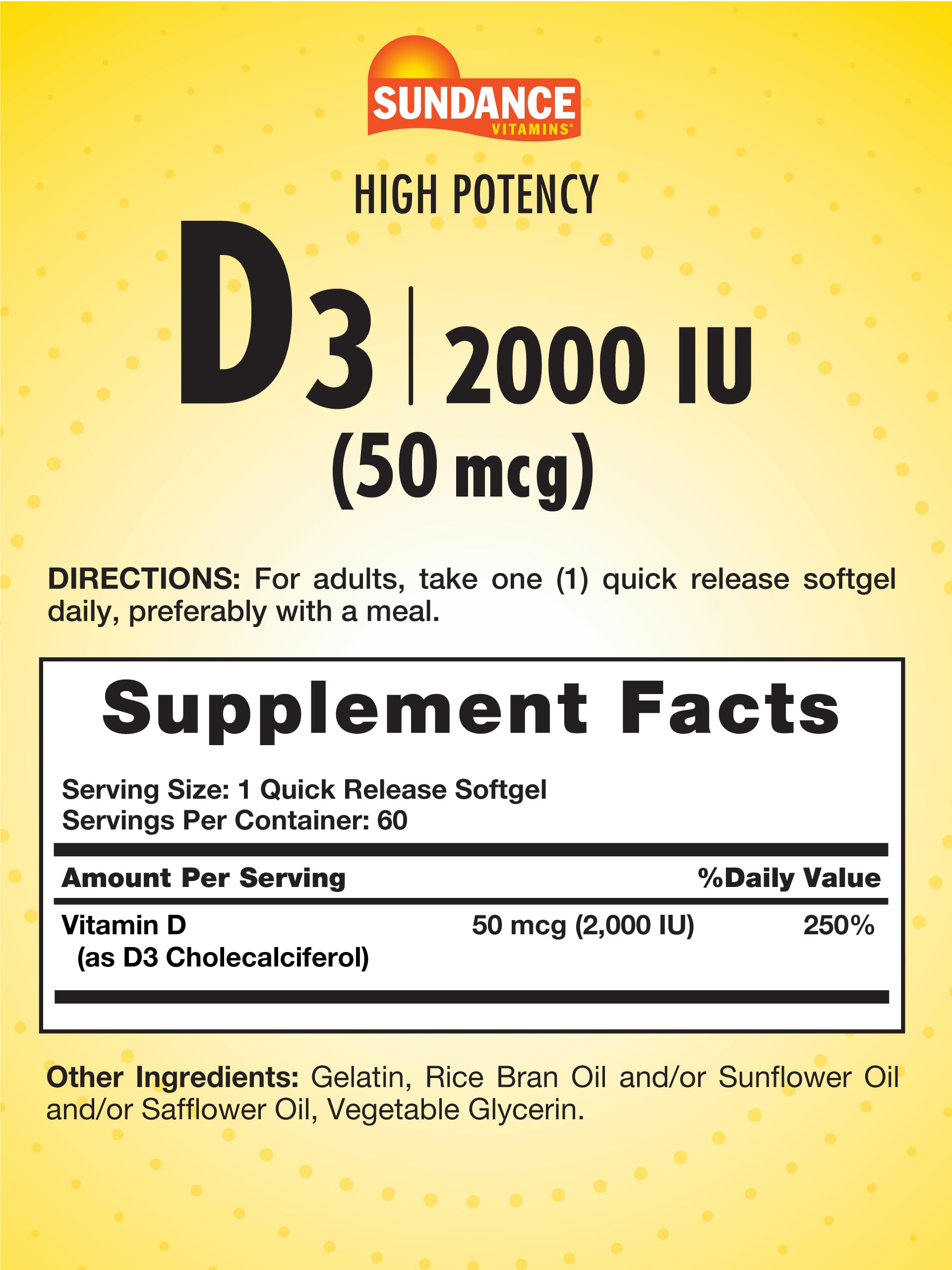 Bottle of Sundance Vitamin D3 2000 IU 60 quick-release softgels