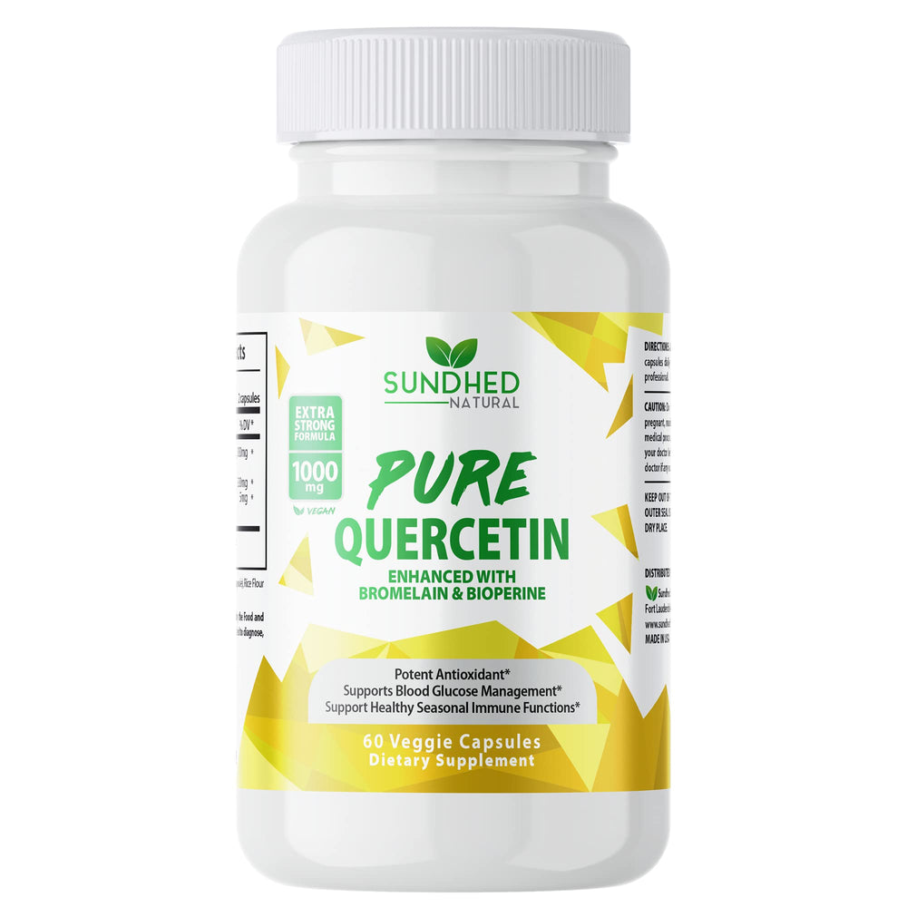 Front view of Sundhed Quercetin with Bromelain and Bioperine bottle