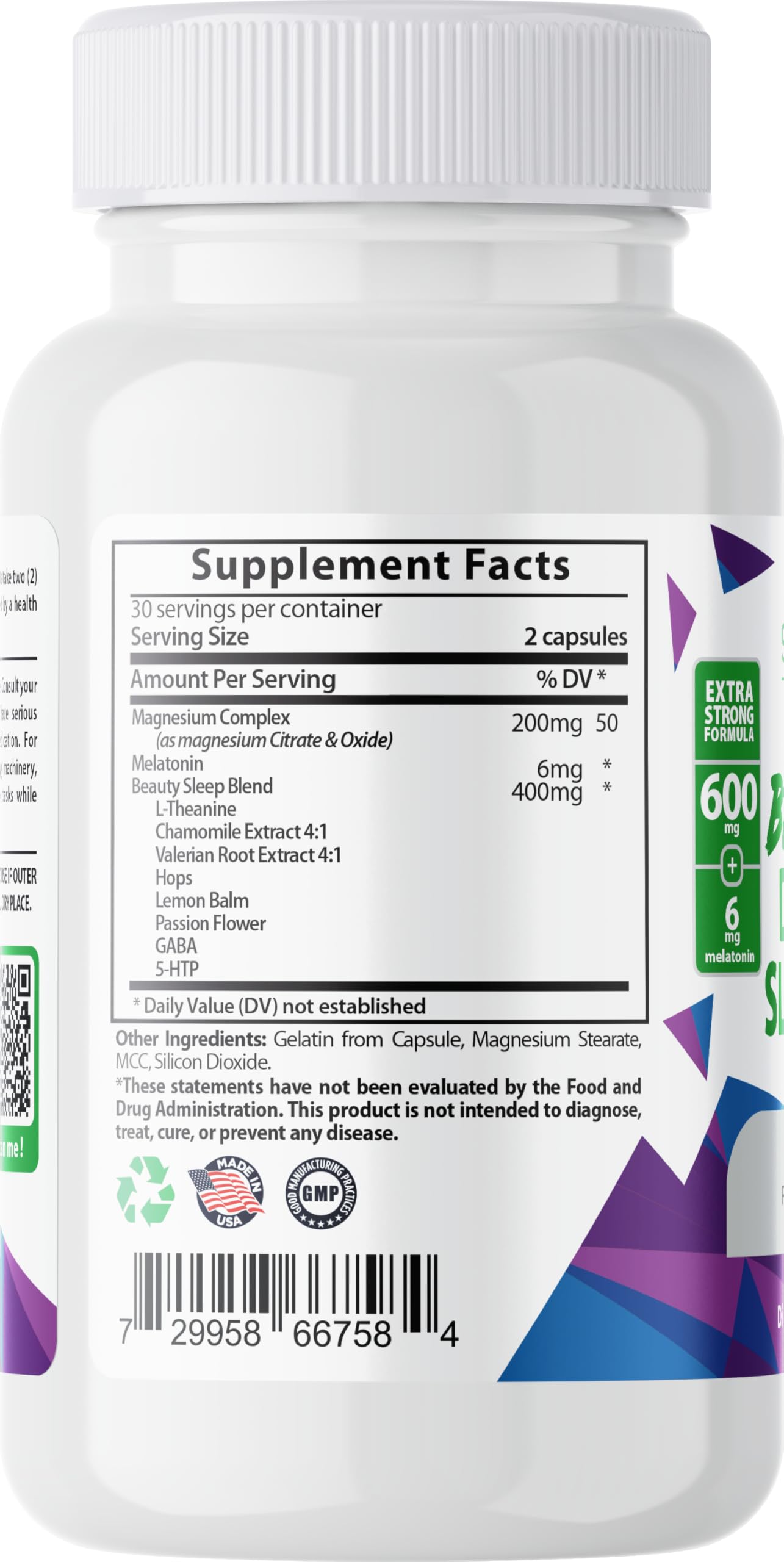 Close-up of Sundhed Sleep Aid bottle with ingredients in background