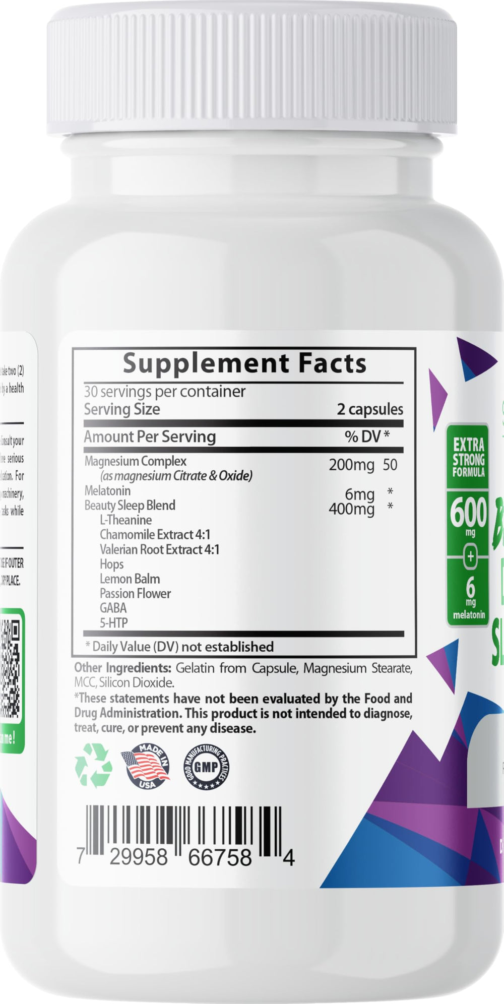 Close-up of Sundhed Sleep Aid bottle with ingredients in background