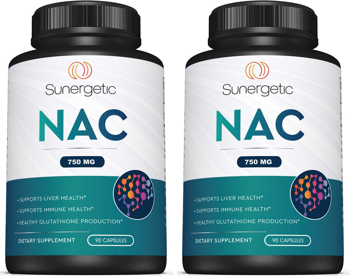 Sunergetic NAC 750mg bottle for daily immune and liver support.