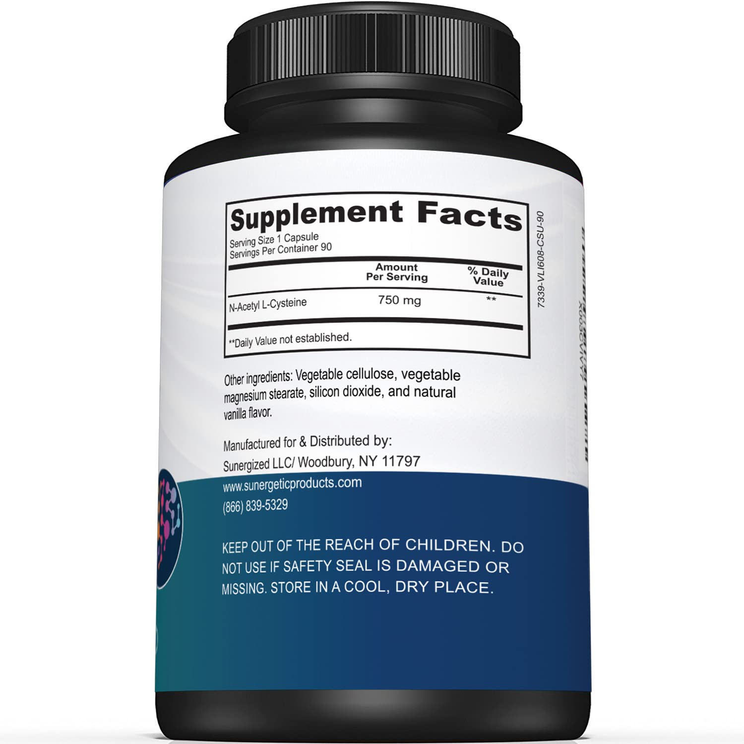 Close-up of Sunergetic NAC 750 mg capsule for easy daily use.