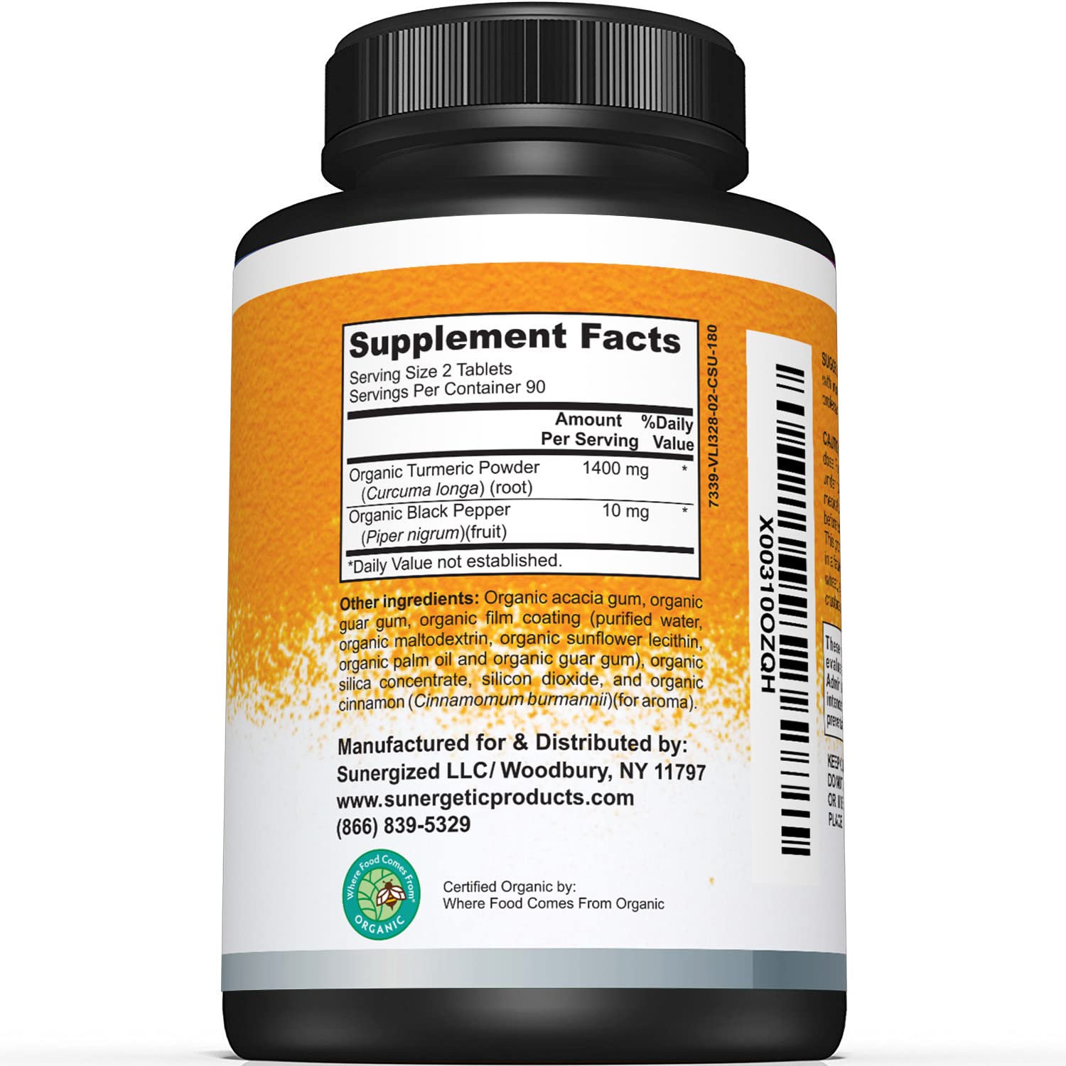 Sunergetic turmeric bottle back label with supplement facts