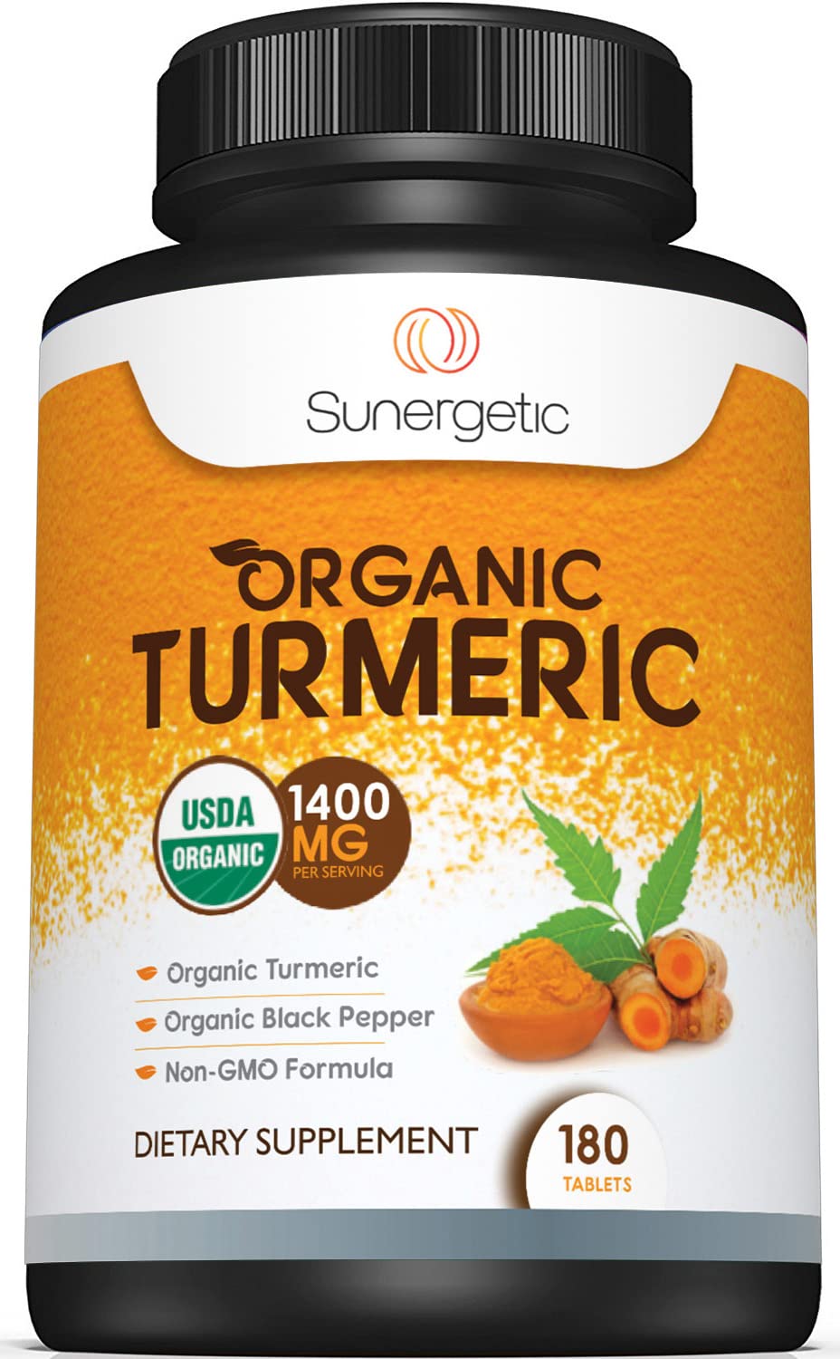 Sunergetic USDA Certified Organic Turmeric supplement bottle front label