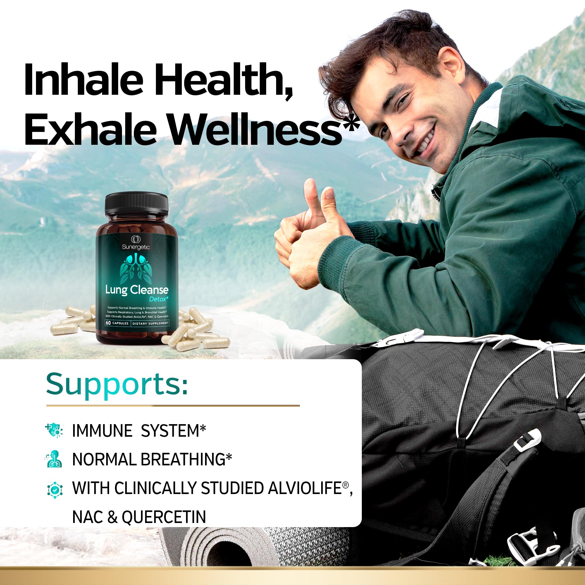 Sunergetic packaging and label - clearly labeled lung health product from GMP facility.