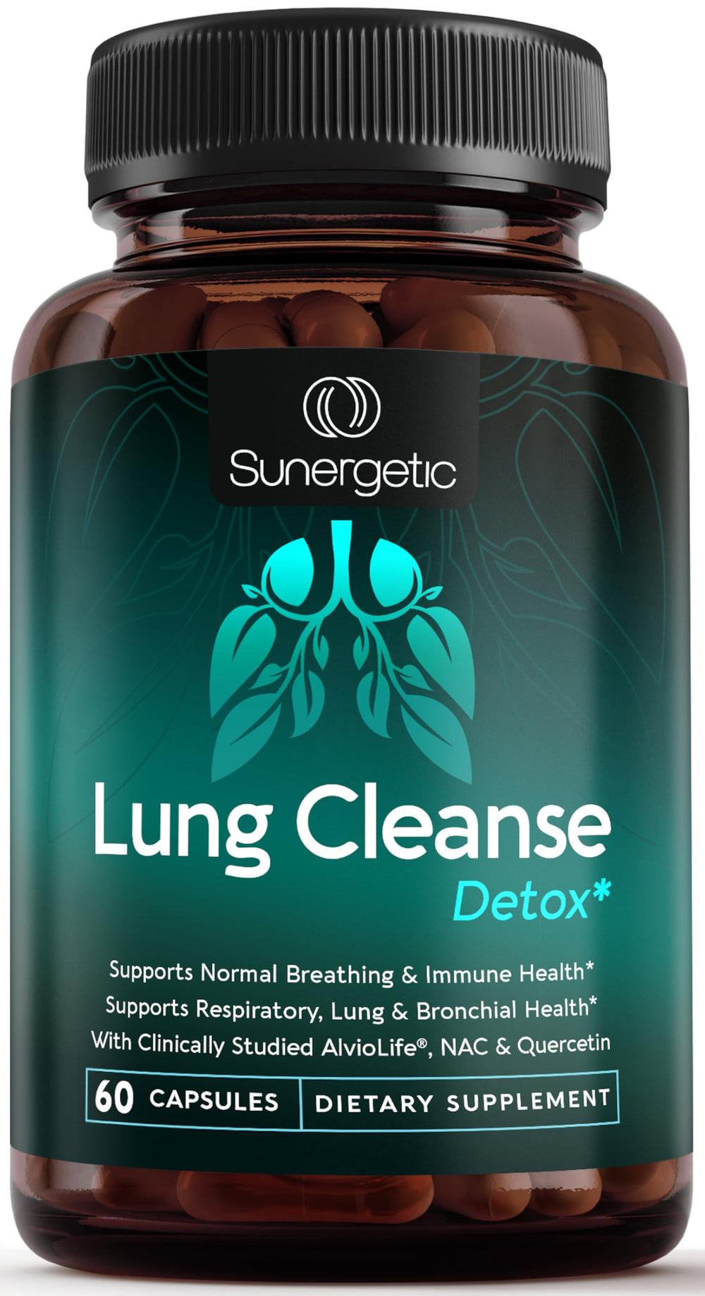 Sunergetic premium lung supplement bottle - supports everyday breathing and lung health.