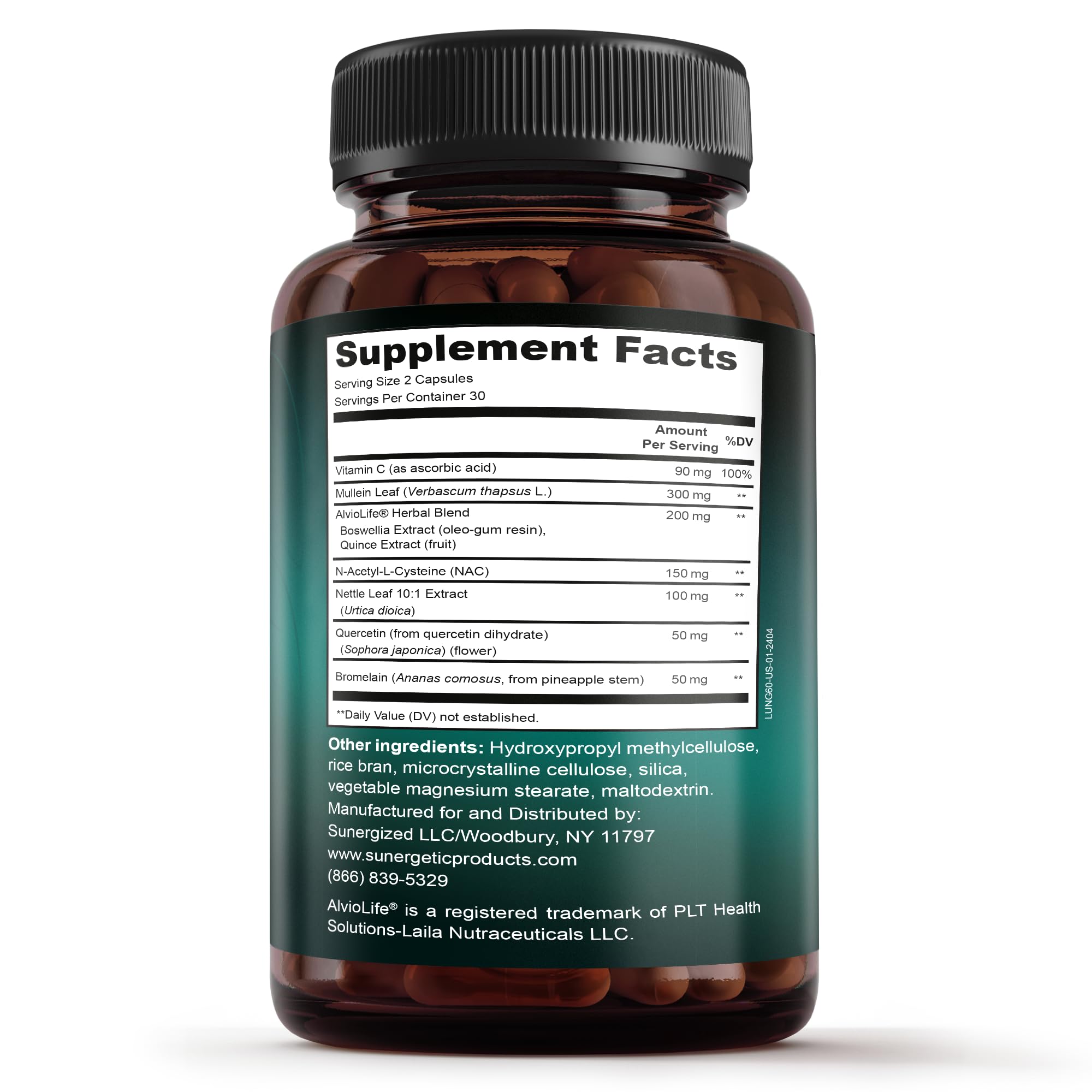 Sunergetic lung supplement capsules close-up - easy daily dosing for respiratory support.