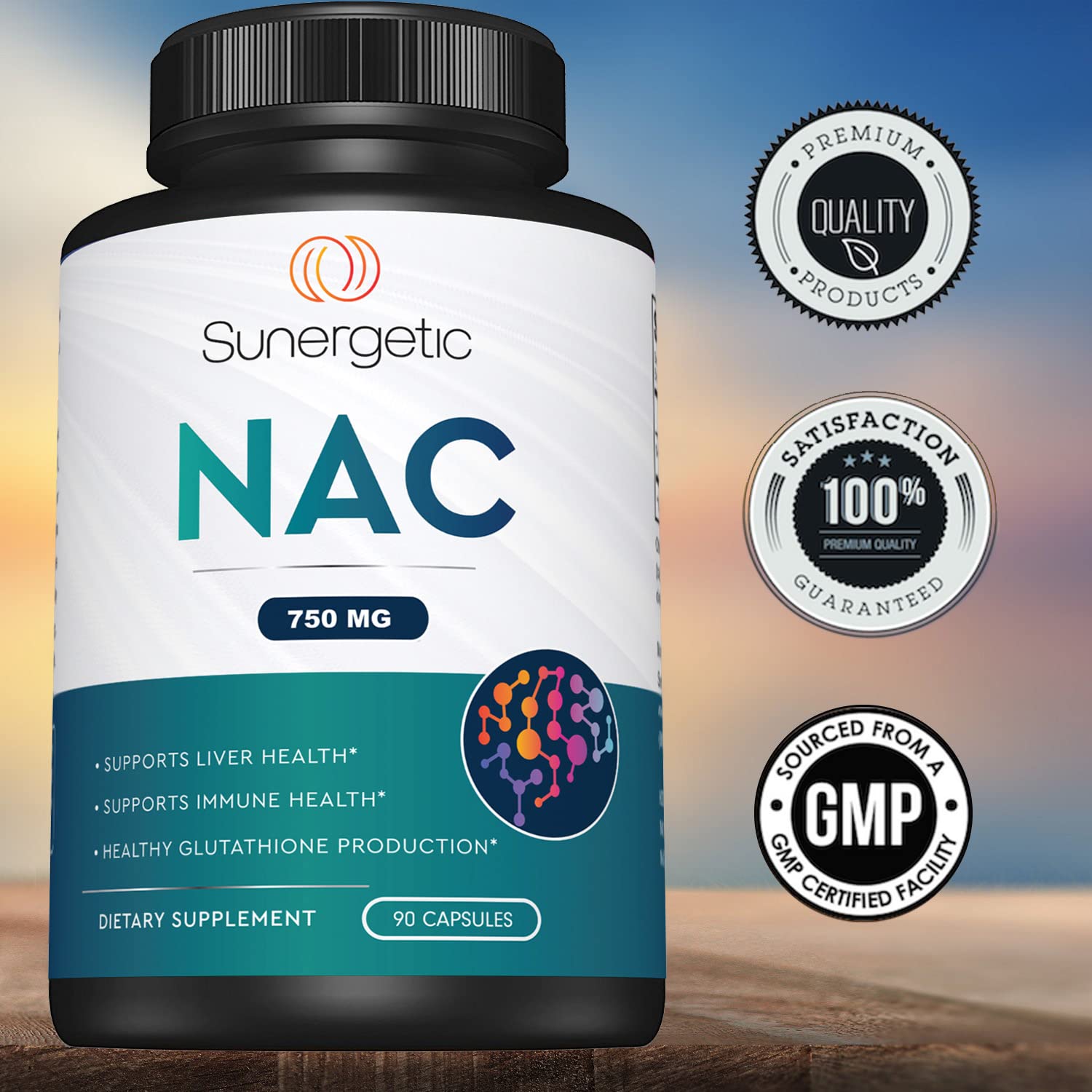 Sunergetic Premium NAC bottle on desk conveys on-the-go wellness.