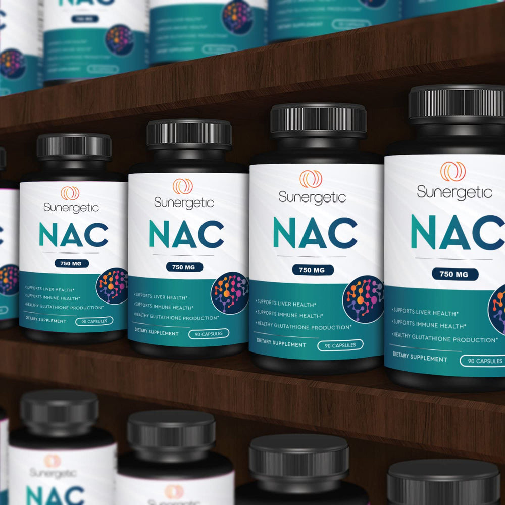 Sunergetic Premium NAC bottle with lifestyle setting hints at a consistent wellness routine.