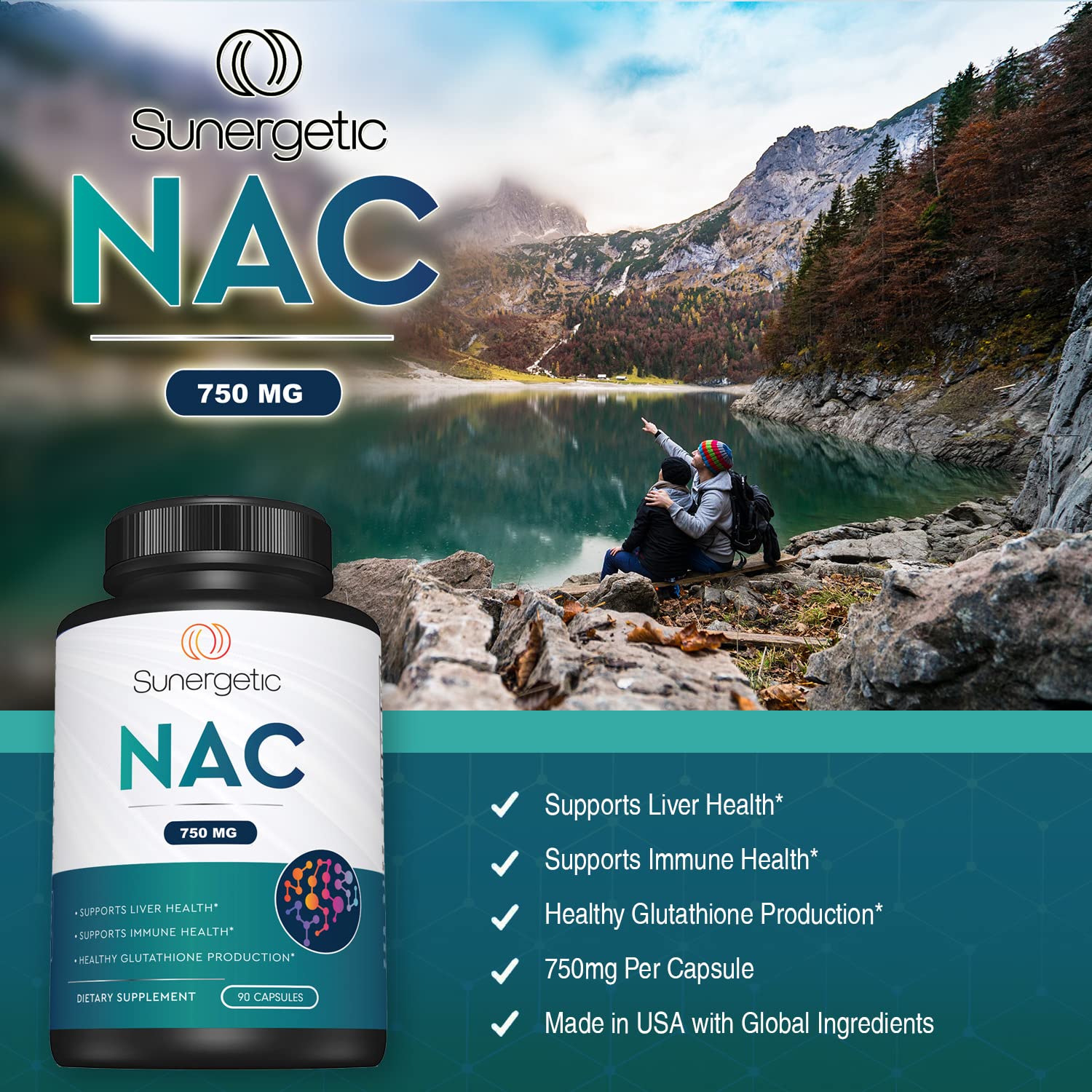 Sunergetic Premium NAC vegetarian capsules arranged for easy swallowing.