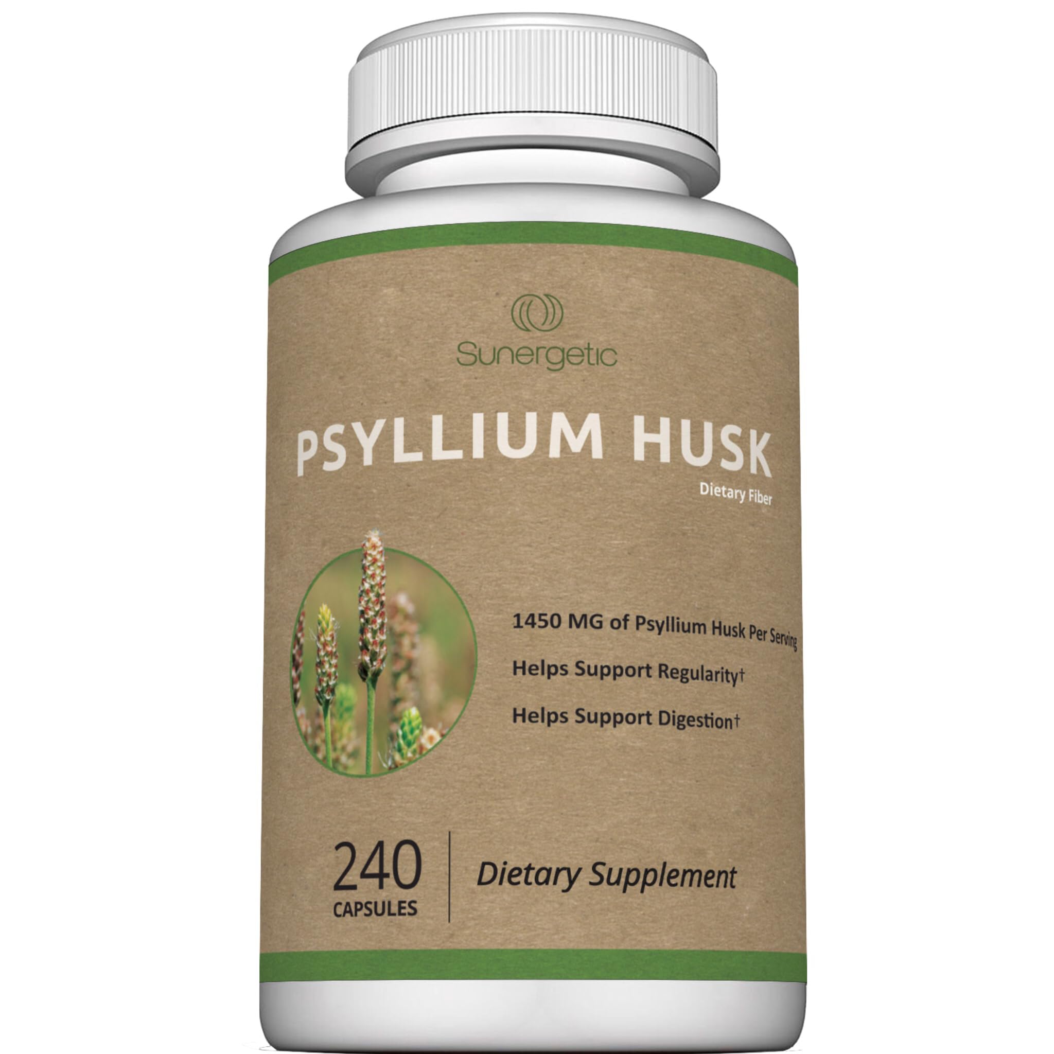 Sunergetic psyllium husk capsules bottle showing convenient fiber for daily digestion.