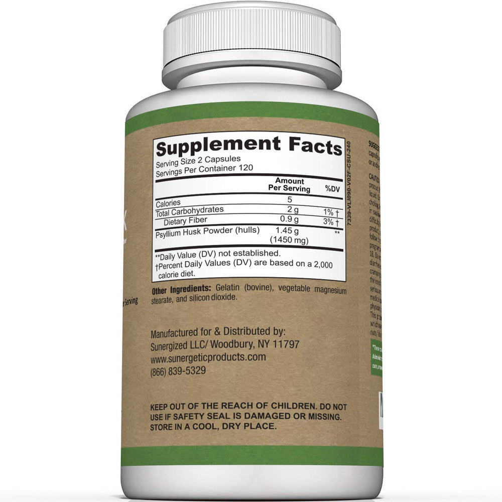 Close-up of Sunergetic psyllium husk capsules label supporting intestinal health.