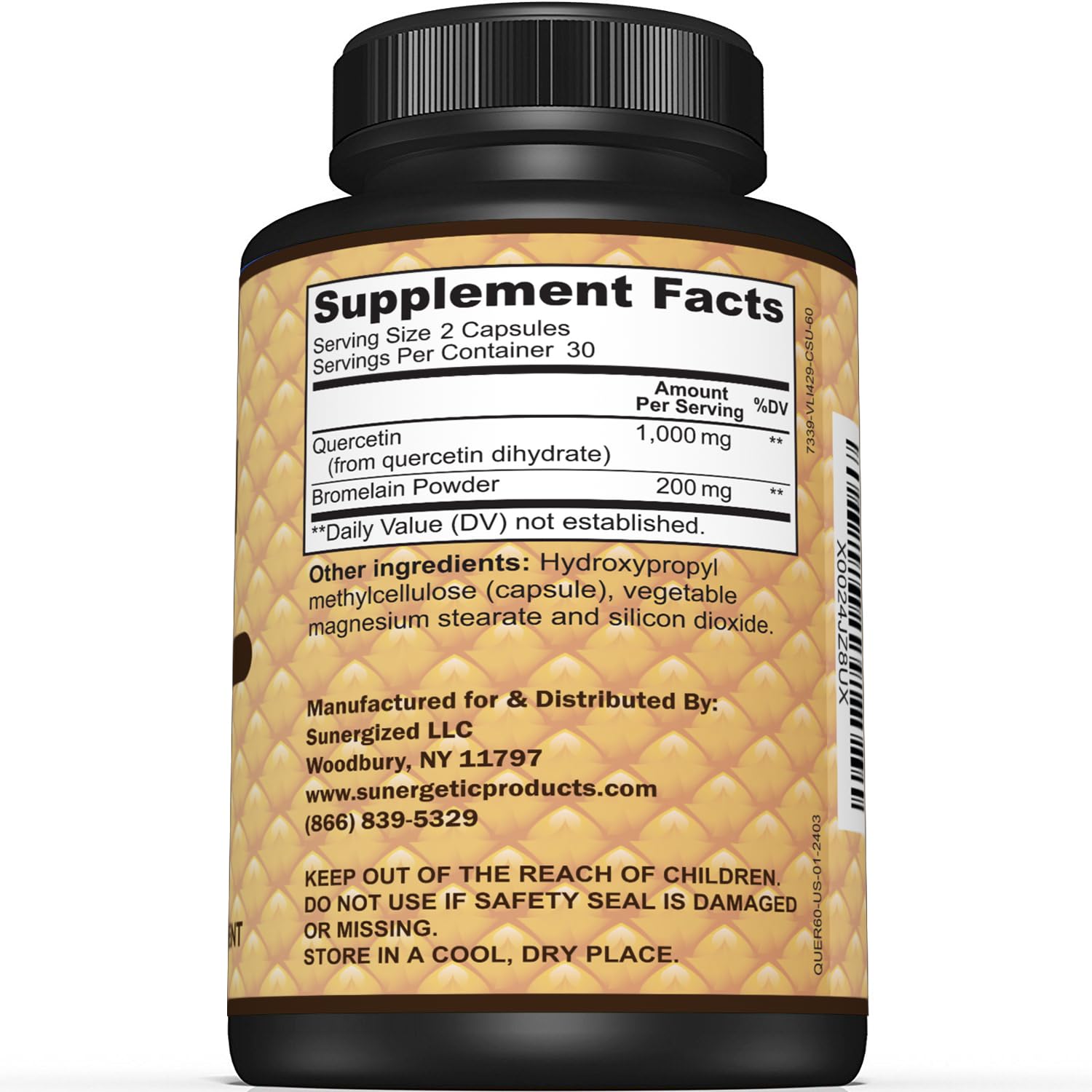 Close-up of Sunergetic Quercetin & Bromelain capsules