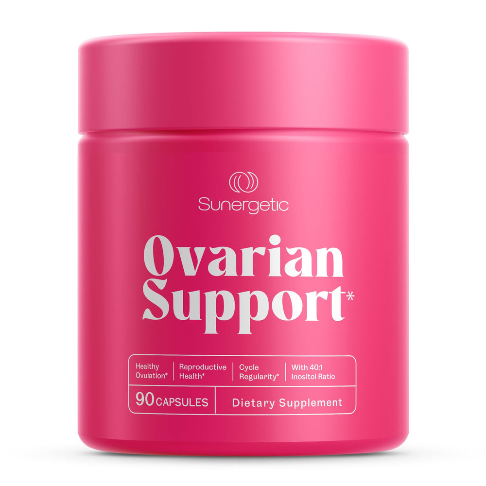 Two Sunergetic bottles with a green leaf signaling natural‑inspired reproductive support