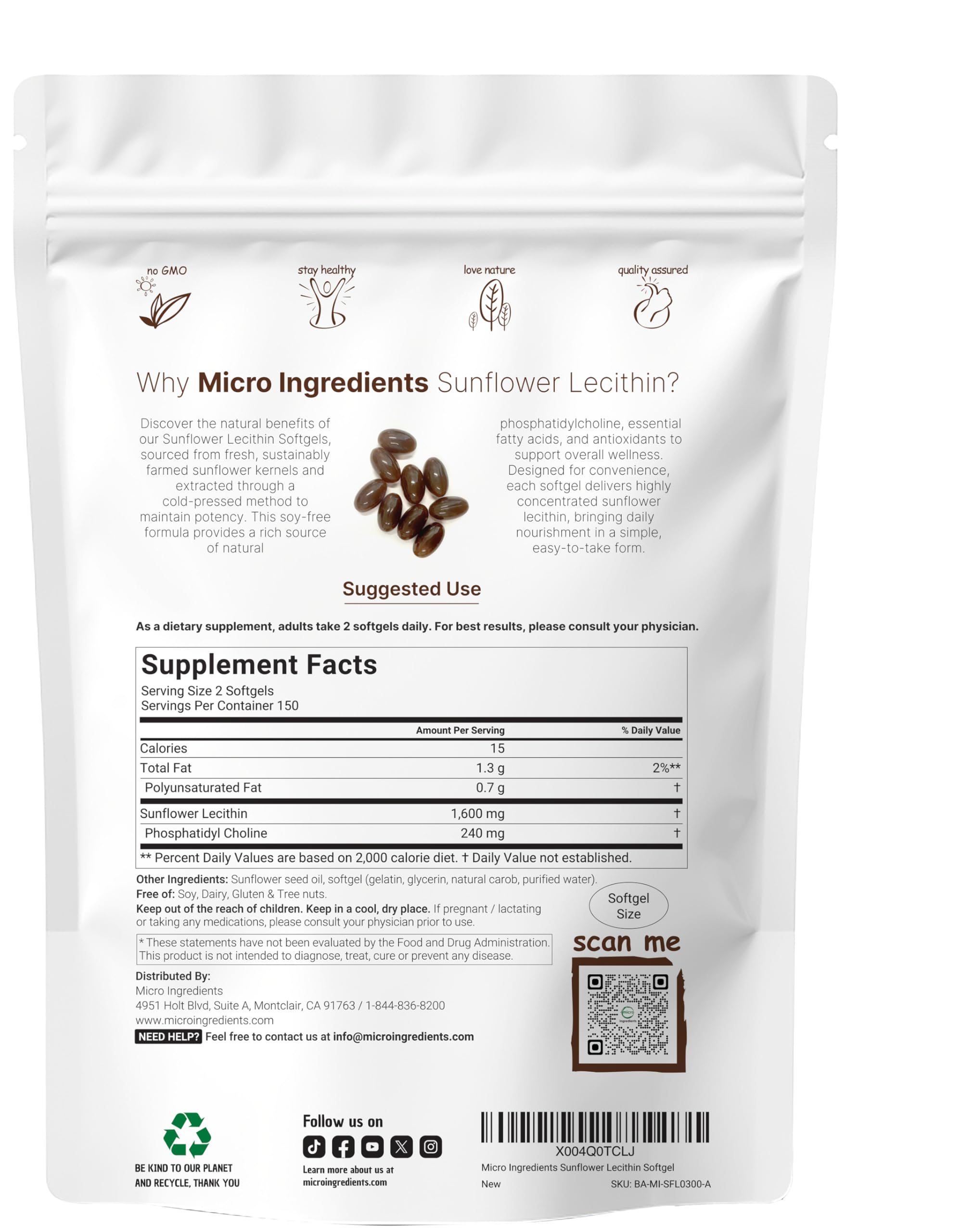 Back label showing nutrition and ingredients for Micro Ingredients Sunflower Lecithin 300 softgels