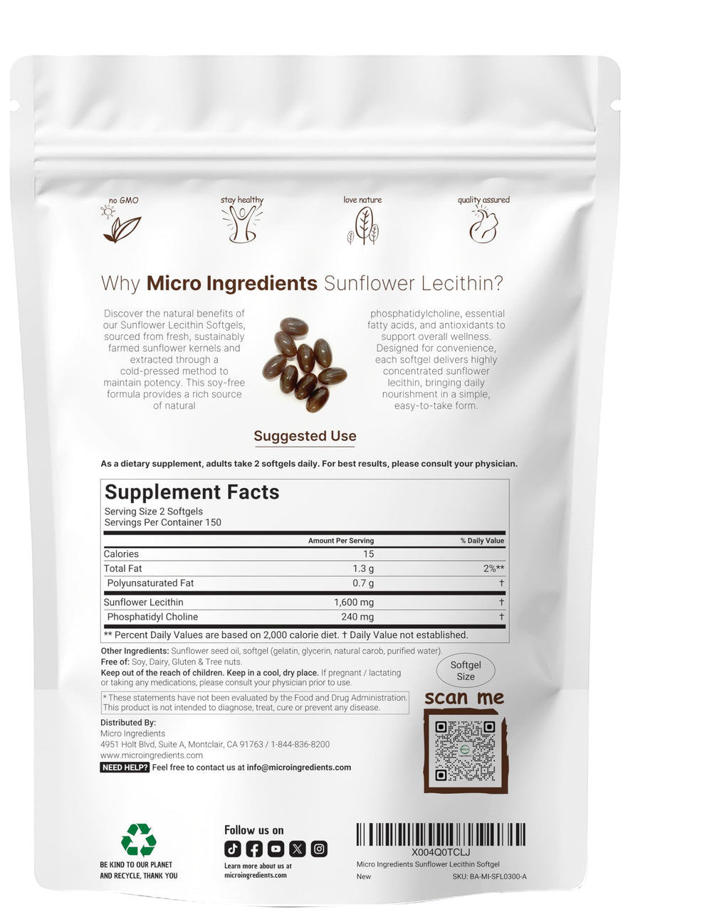 Back label showing nutrition and ingredients for Micro Ingredients Sunflower Lecithin 300 softgels