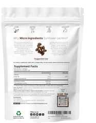 Back label showing nutrition and ingredients for Micro Ingredients Sunflower Lecithin 300 softgels