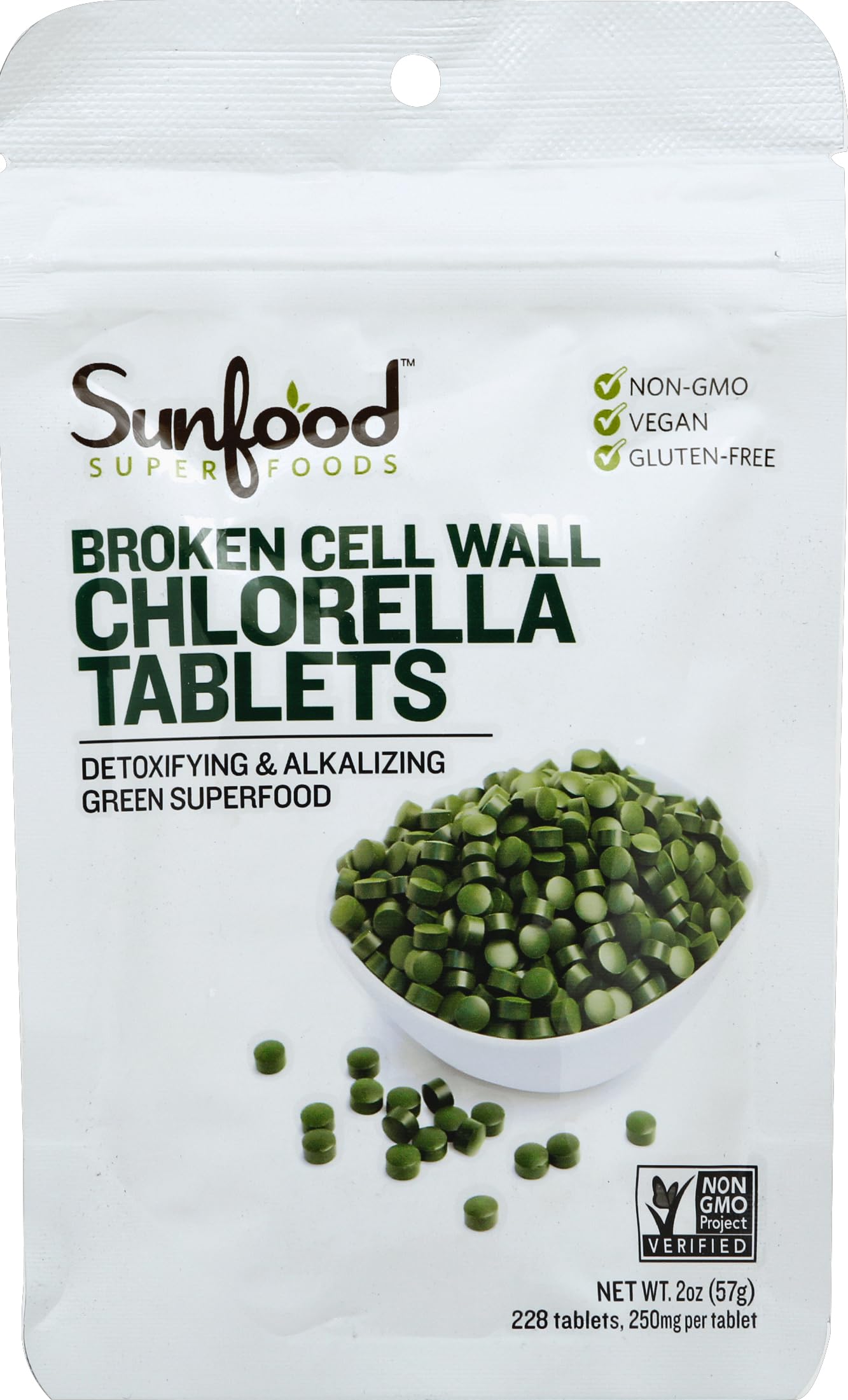 Sunfood Chlorella tablets 2 oz bag with broken-cell-wall chlorella capsules