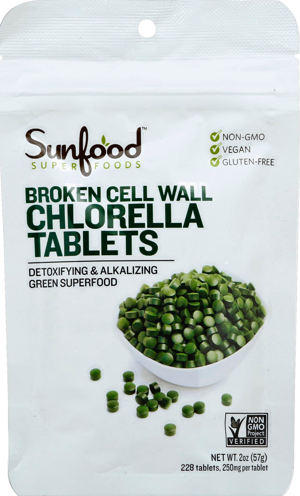 Sunfood Chlorella tablets 2 oz bag with broken-cell-wall chlorella capsules