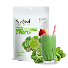 Sunfood Supergreens & Protein bottle pouring supports daily nutrition on the go.