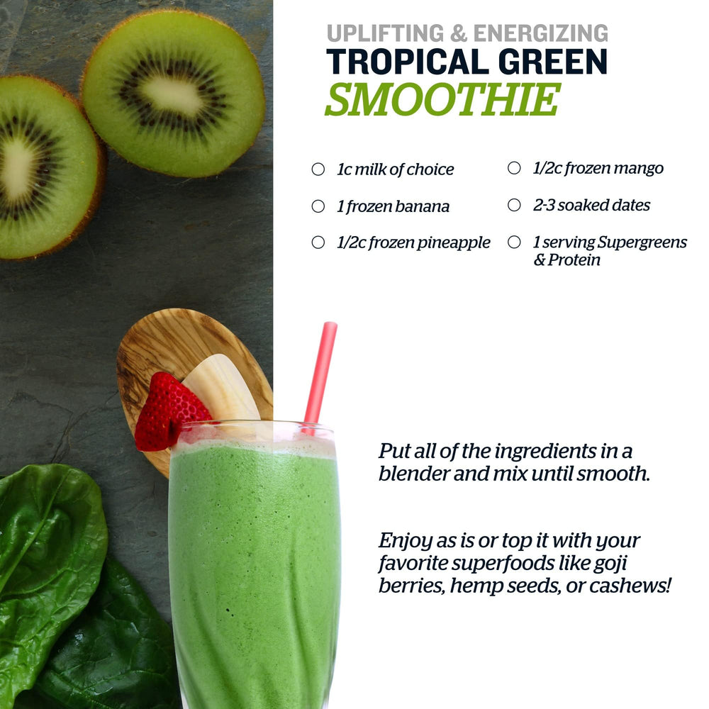 Sunfood Supergreens & Protein ingredients image features chlorella and spirulina for greens-rich nutrition.
