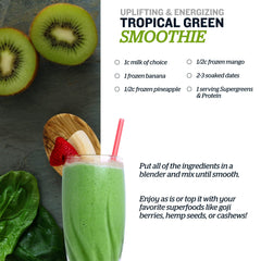 Sunfood Supergreens & Protein ingredients image features chlorella and spirulina for greens-rich nutrition.