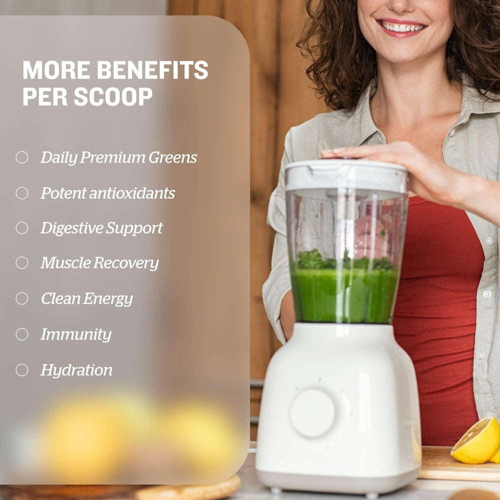 Sunfood Supergreens & Protein scoop near jar showcases convenient protein source.