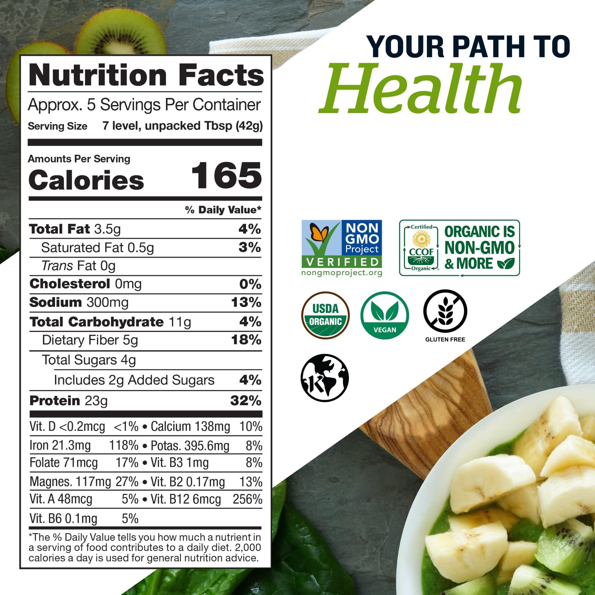 Sunfood Supergreens & Protein tub label highlights 19 greens for comprehensive nutrition.