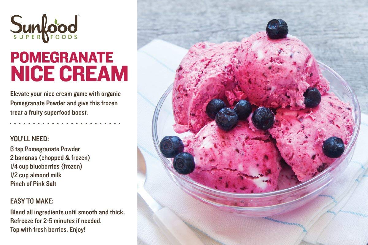 Raw vegan pomegranate powder with scoop and packaging