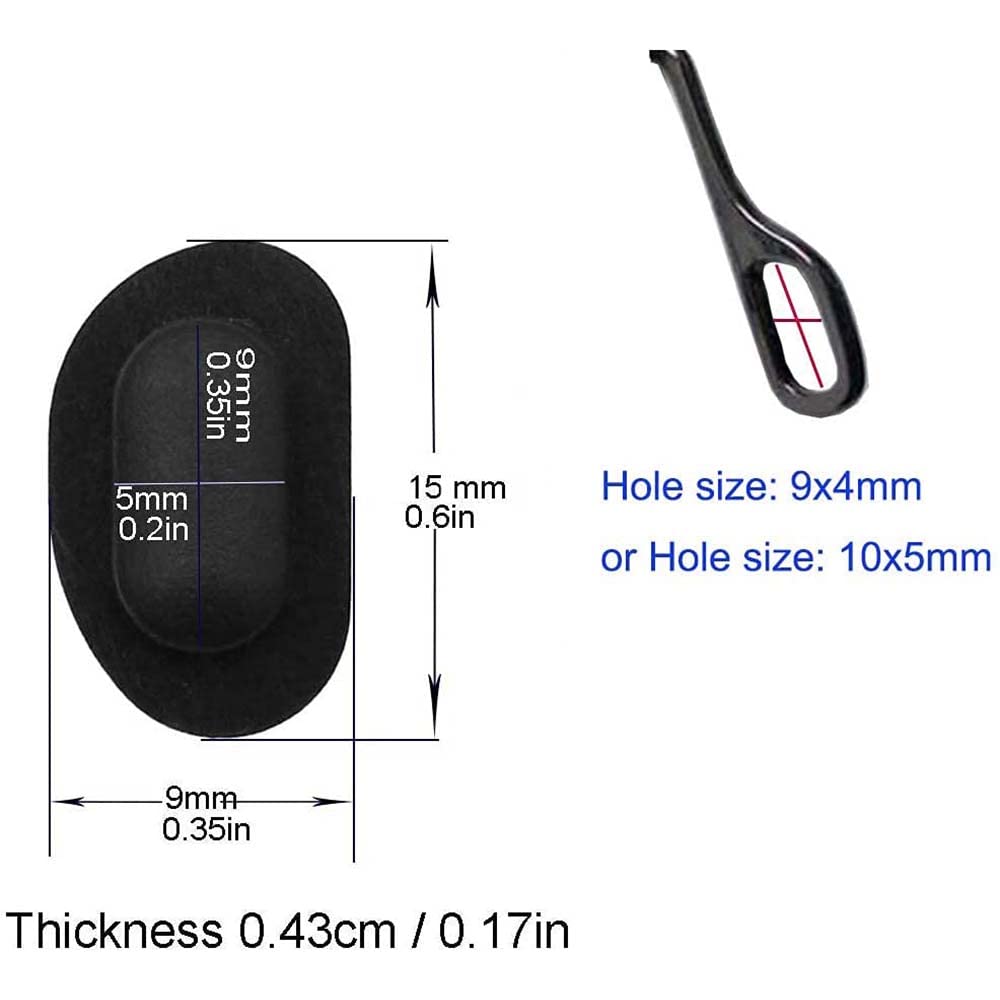 Close-up of nose pad external size 15x9mm and frame hole sizes 9x4mm or 10x5mm