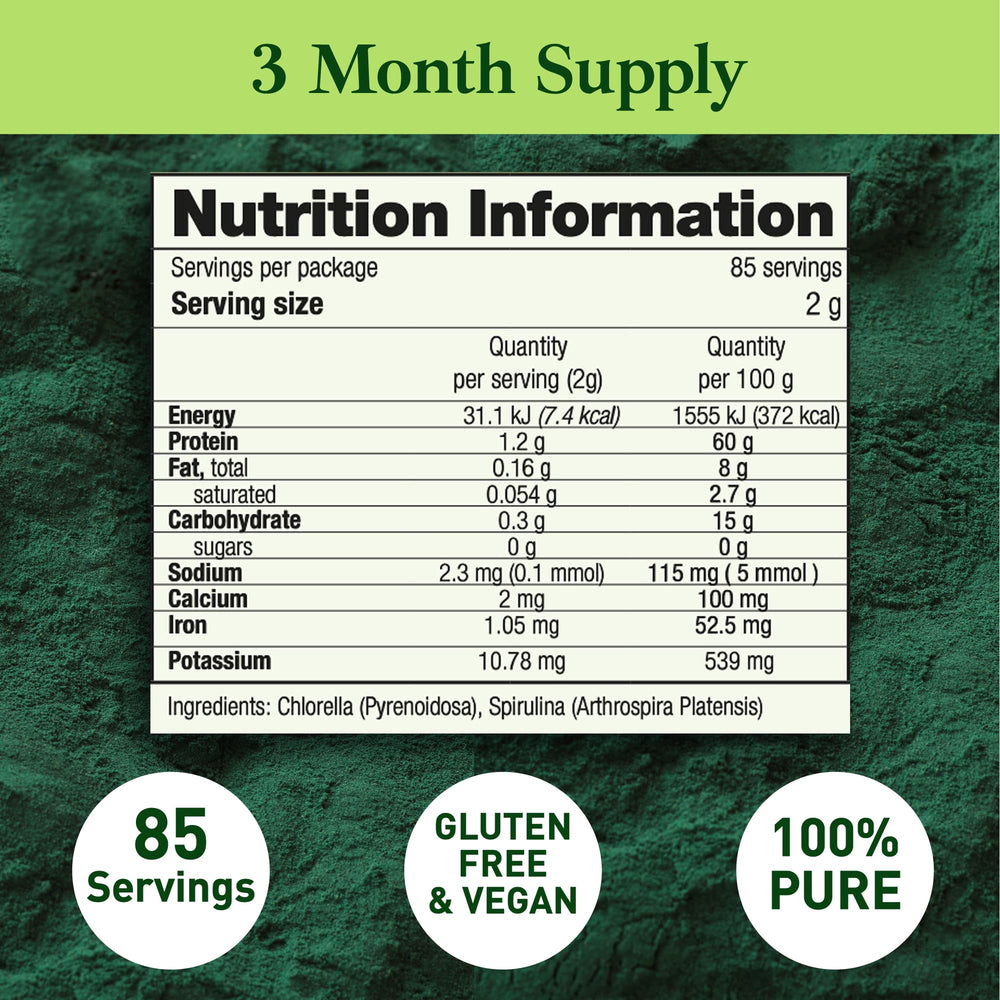 Sunlight-grown chlorella and spirulina from mountain spring water