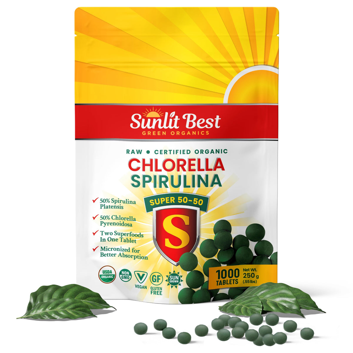 Bottle of Sunlit 50/50 Organic Chlorella Spirulina Tablets